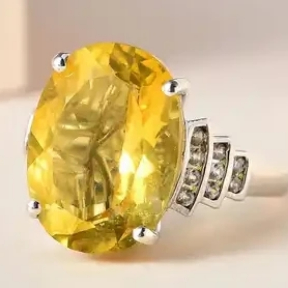 Canary Fluorite and White Zircon Ring in Platinum Over Sterling Silver - Picture 2 of 6